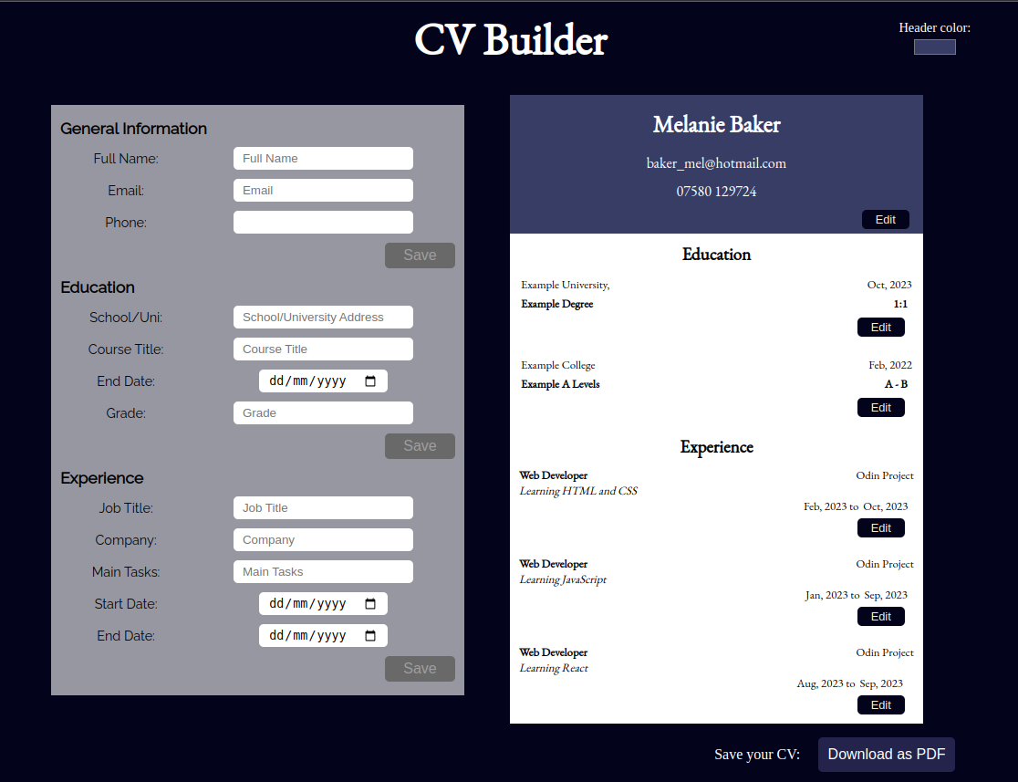 screenshot of cv builder app