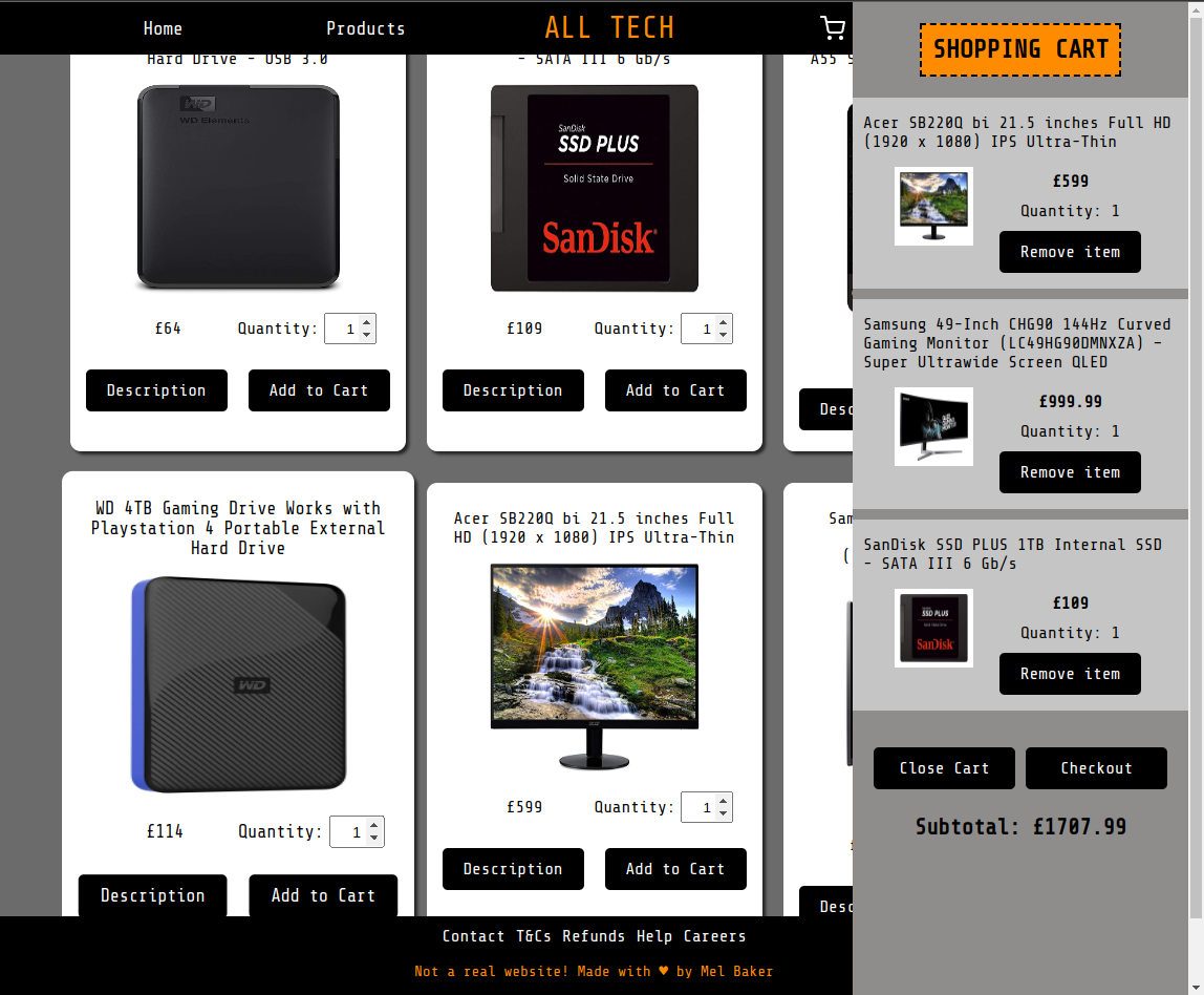 screenshot of shopping cart app